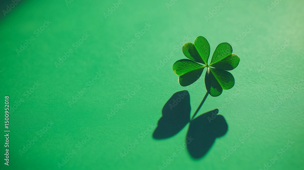 Poster a single four leaf clover casting a shadow on a vibrant green background with copy space to the left