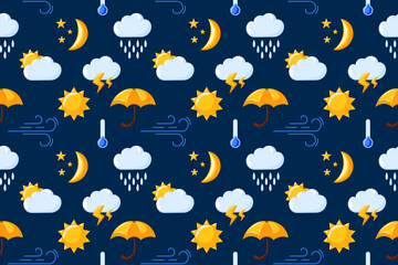 Fototapeta premium Seamless pattern with weather icon on dark blue background in cartoon. Sun, clouds, rain, raindrops, umbrella, wind design for cloth, wallpaper, package.