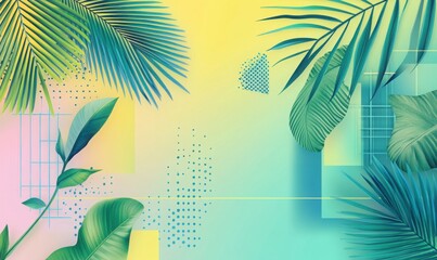 summer abstract banner with tropical leaves and geometric shapes