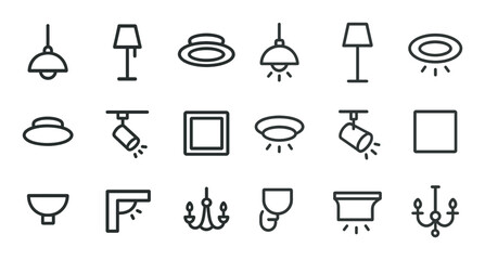 Lighting fixtures outline icons set – linear, lamp, home decor symbols