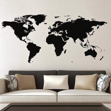 Mapa Mundial en Blanco y Negro en Pared de Sala