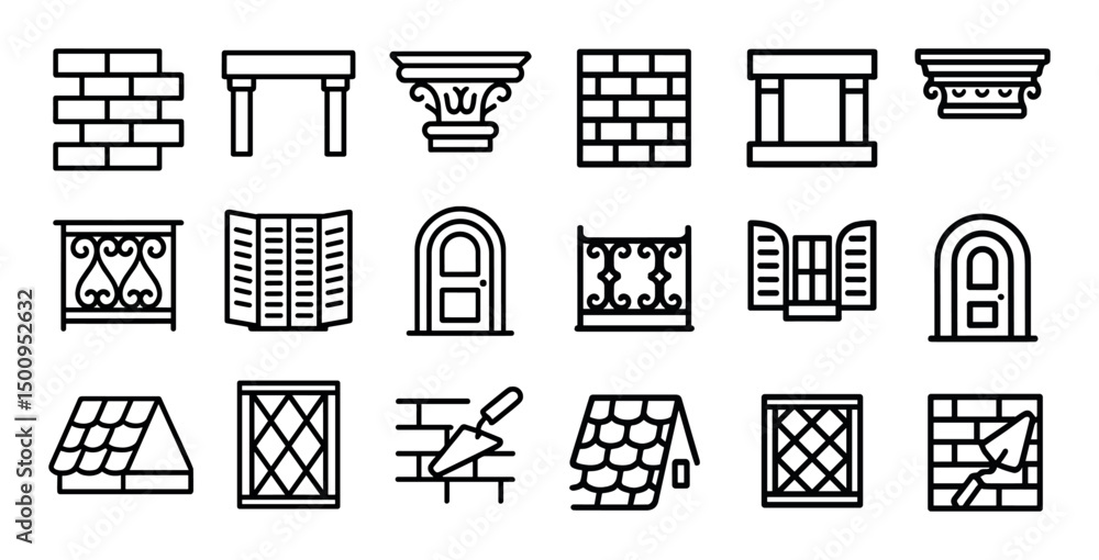 Poster architecture and construction linear icons set – building, outline, structure symbols