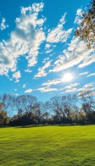 Fototapeta premium Serene Green Field Under a Vast Blue Sky With Fluffy Clouds, a Peaceful Landscape on a Sunny Day
