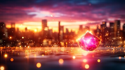 Fototapeta premium Futuristic city at sunset with glowing object