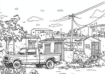 Boceto monocrom&aacute;tico de paisaje urbano con camioneta