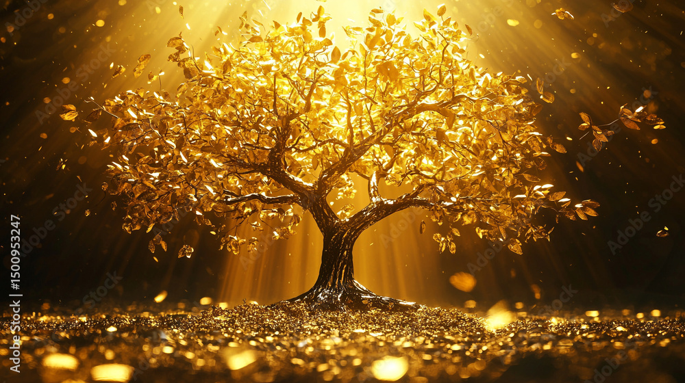 Poster a golden tree with leaves and falling leaves illuminated by light rays in a dark background