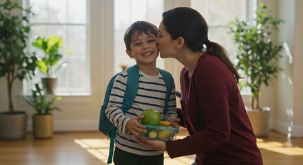 Obraz premium Loving Mother Giving a Kiss to Her Son Before School, Holding Healthy Snack