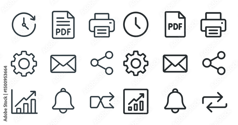 Poster office and productivity line icons set – linear, outline, work essentials symbols