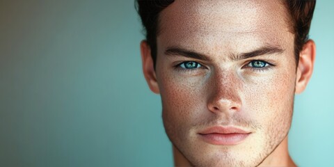 Naklejka premium Close-up Portrait, Handsome Young Man with Freckles and Piercing Blue Eyes, Natural Beauty Concept