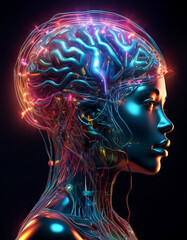 Obraz premium Generated Image of An AI brain half organic, half comic-style circuitry, pulsing with pop art neon lines