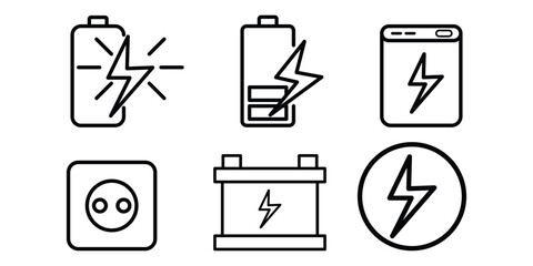 Charging power energy source battery electric symbol icon set vector illustration for mobile interface and renewable technology concept.