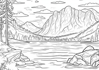 Paisaje lacustre montañoso en trazo lineal