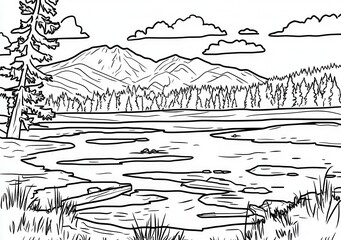 Paisaje lacustre en blanco y negro con montañas