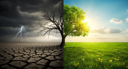 a visual metaphor of change and contrast, featuring a tree split between a stormy, desolate environment and a vibrant, flourishing landscape