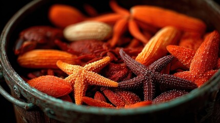 Rustic bucket adorned with textured starfish in warm autumnal hues