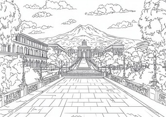 Perspectiva lineal de una ciudad con volcán al fondo - Dibujo lineal