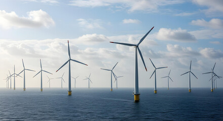 offshore wind turbines standing in a serene seascape, harnessing the power of nature for clean energy production. The blades of the wind turbines are turning in the wind.