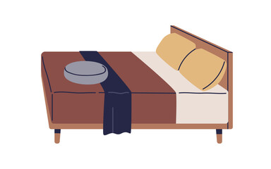 Bed with pillows and blanket. Cozy wooden bedroom furniture in modern style, soft mattress, cushions, neat textile for comfortable sleep. Flat vector illustration isolated on white background