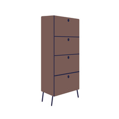 Dresser, chest of drawers. Wooden upright tall high cabinet. Wood storage furniture unit in modern retro scandinavian style for room interior. Flat vector illustration isolated on white background
