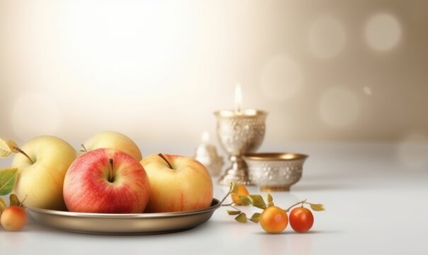 Manzanas y candeleros de plata sobre mesa blanca
