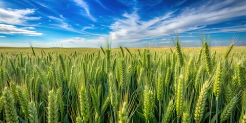 Obraz premium Vibrant Green Wheat Field Under a Stunning Summer Sky, a Serene Landscape of Nature's Bounty