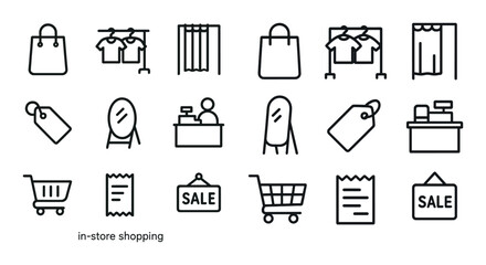 Fototapeta premium In-store shopping line icons set – flat, outline, retail and commerce symbols