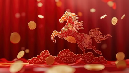 Festive Chinese New Year 2026 Horse with Falling Gold Coins on Red Background