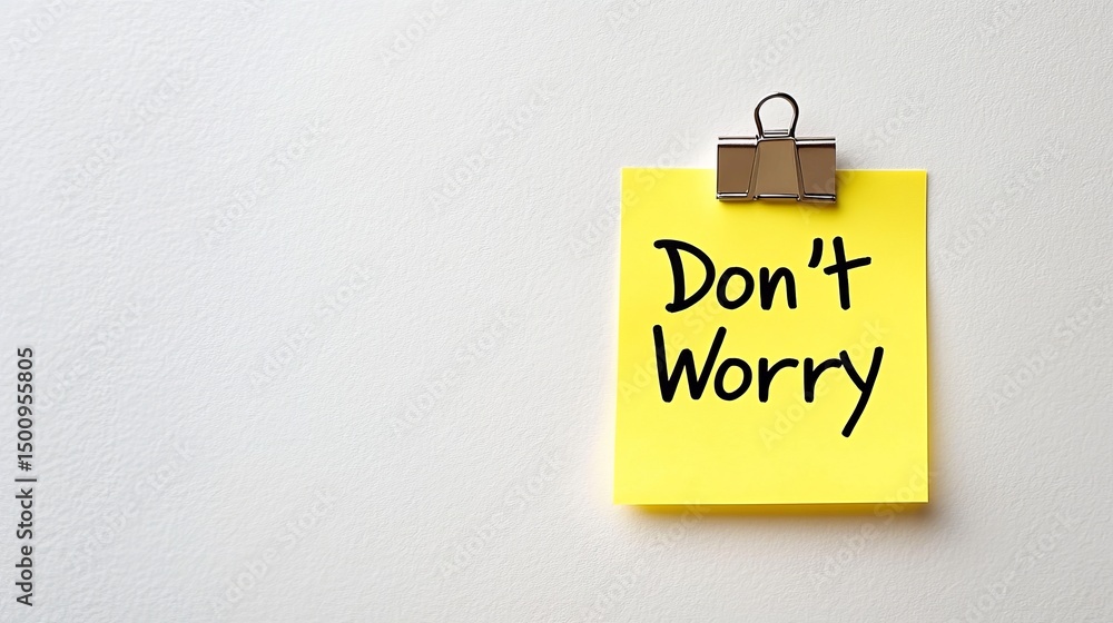 Poster yellow sticky note with don t worry message, isolated on white background with copy space.