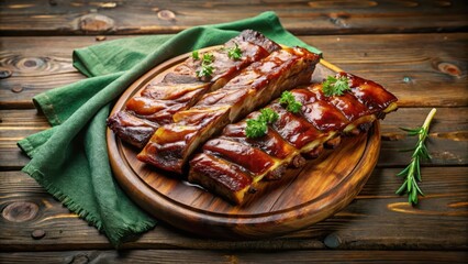 Delicious glazed pork ribs served on a rustic wooden board, garnished with fresh herbs, a culinary delight for a special occasion