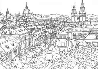 Vista panorámica de ciudad europea en blanco y negro, estilo dibujo lineal