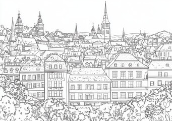 Vista panorámica monocromática de un paisaje urbano histórico