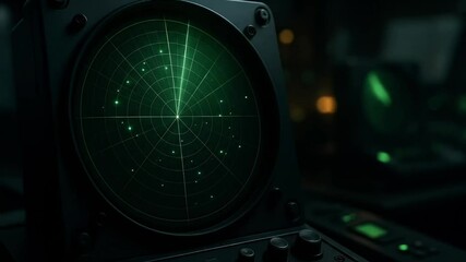 A glowing green radar screen in a dimly lit control room, showing multiple signals and tracking data in real time, evoking military or aviation monitoring. - Powered by Adobe