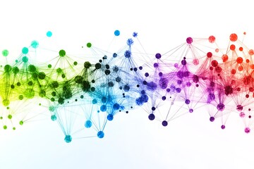 Obraz premium A vibrant network of colorful dots and lines representing connections and data exchange in a digital landscape viewed from a modern perspective