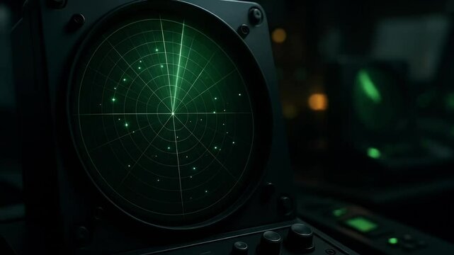 A glowing green radar screen in a dimly lit control room, showing multiple signals and tracking data in real time, evoking military or aviation monitoring.