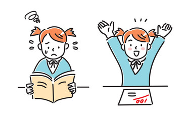 勉強で苦戦している女の子と100点を取った女の子