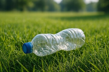 Discarded Plastic Water Bottle Littering Green Grass in Sunny Park
