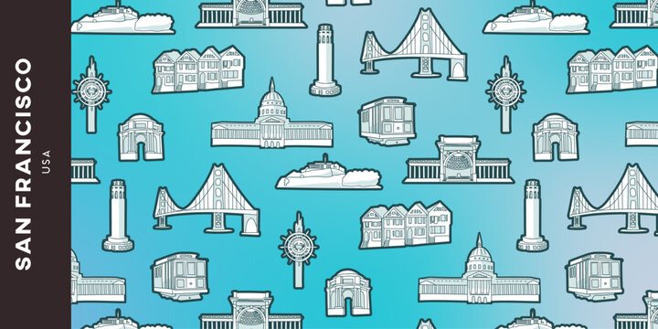 Pattern of San Francisco on a blue background that highlights symbols of the city: Golden Gate, United States Penitentiary, Alcatraz Island, Palace of Fine Arts, Painted Ladies, Coit Tower