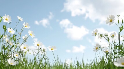 Sunny Meadow with White Daisies and Blue Sky daisies blue sky white sunny meadow daisy flower grass