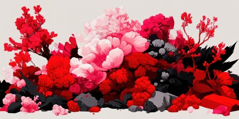 Explosión de color abstracto en tonos rojos, rosas y negros