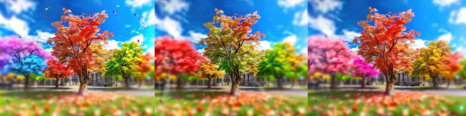 Árbol de colores vibrantes en un paisaje otoñal