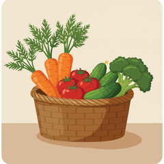 A charming vector illustration features a wicker basket overflowing with a colorful bounty of fresh produce, including carrots, tomatoes, cucumbers, and broccoli.