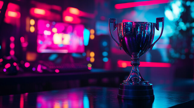 A shiny trophy stands proudly against a vibrant backdrop of neon lights and blurred gaming screens