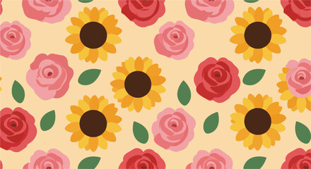 This is a colorful, repeating pattern on a light yellow background of cartoon sunflowers, pink roses, and red roses, interspersed with small green leaves.