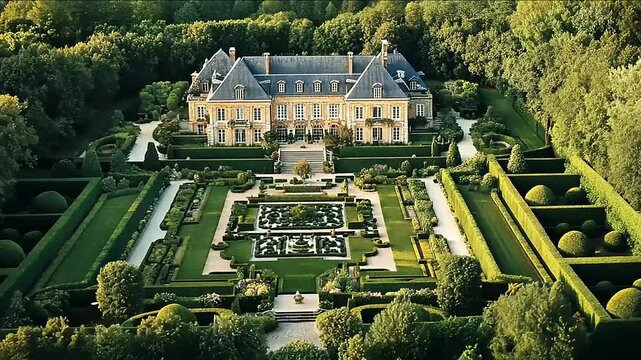 Imposing Mansion Estate Surrounded by Verdant Manicured Gardens and Lush Forest