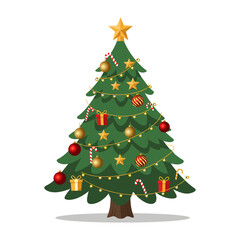 Christmas Tree with Hanging Ornaments and Stars – Decorative Christmas Design Elements