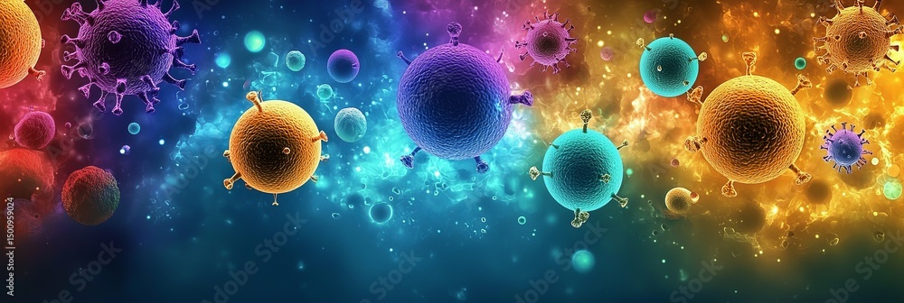 Poster microscopic view of colorful bacteria and viruses in dynamic array on soft background