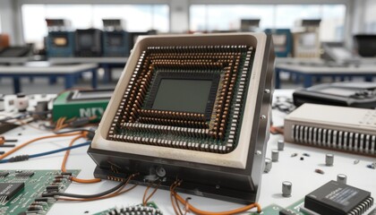 Microprocesador vintage en entorno de laboratorio