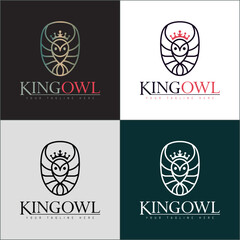 King Owl Bird Crown line art luxury silhouette logo set design template