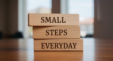 Motivational phrase 'Small Steps Everyday' displayed on wooden cubes, promoting consistency and habit-building