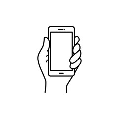 Smartphone in hand icon vector. Simple outline style. Thin line symbol.